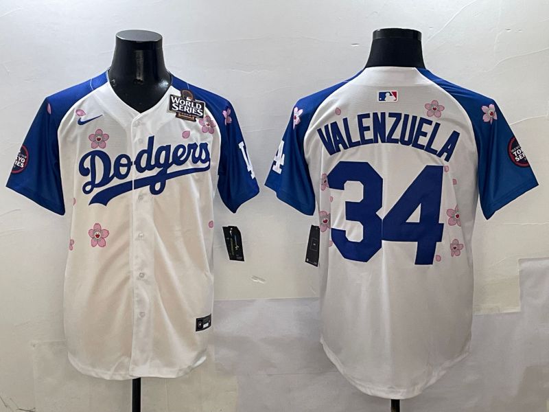 Men Los Angeles Dodgers #34 Valenzuela White Blue Sakura Edition 2025 Nike MLB Jersey style 6->los angeles dodgers->MLB Jersey